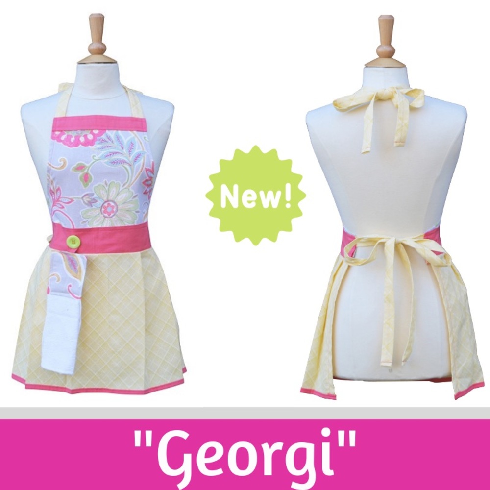 Apron “Georgi” – Floral pattern with a yellow and white diamond pattern skirt